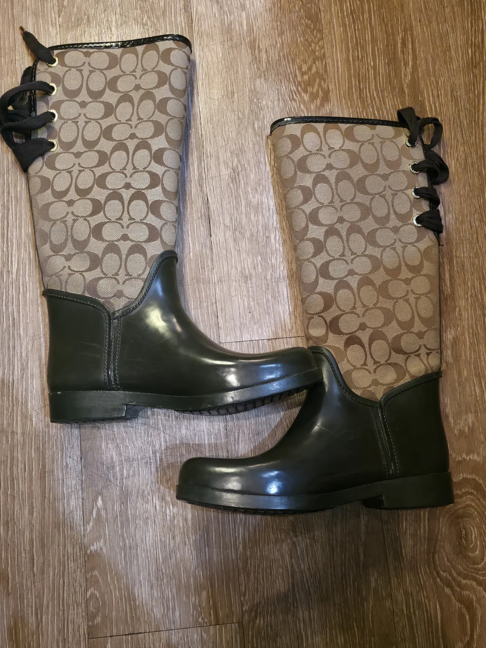 Coach Signature Canvas and Rubber Rain Boots in Forest Green - Picture 2 of 8